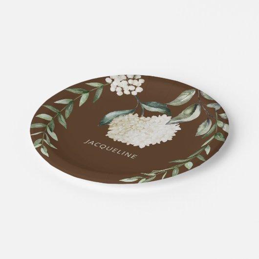 Personalisiert-Brown-White-Hydrangeas-Brautparty Pappteller (Schrägansicht)