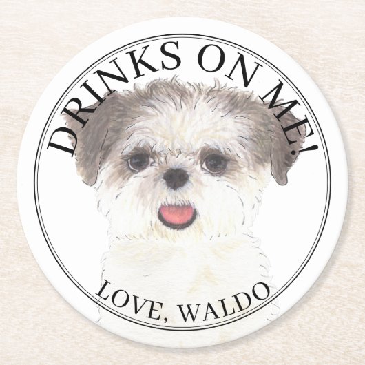 Personalisiert Brown & White Shih Tzu Dog Wedding Runder Pappuntersetzer (Vorderseite)
