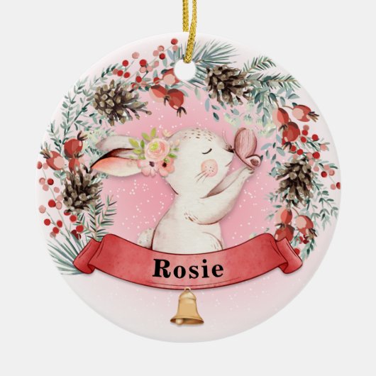 Personalisiert Bunny Christmas Blumenstrauß Keramik Ornament (Vorne)