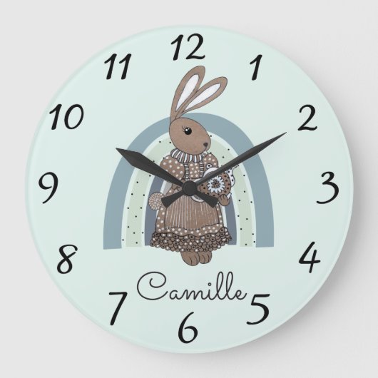 Personalisiert Bunny Rainbow Blue Kinderzimmer Gro Große Wanduhr (Vorderseite)