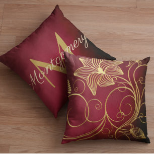 Personalisiert Burgund Gradient Gold Floral Initia Kissen