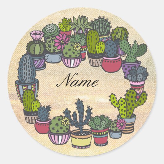 Personalisiert Cactus Wreath Runder Aufkleber (Vorderseite)