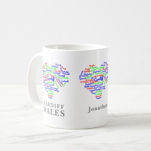 Personalisiert Cardiff Wales Word Cloud Typografie Kaffeetasse (Vorderseite Links)
