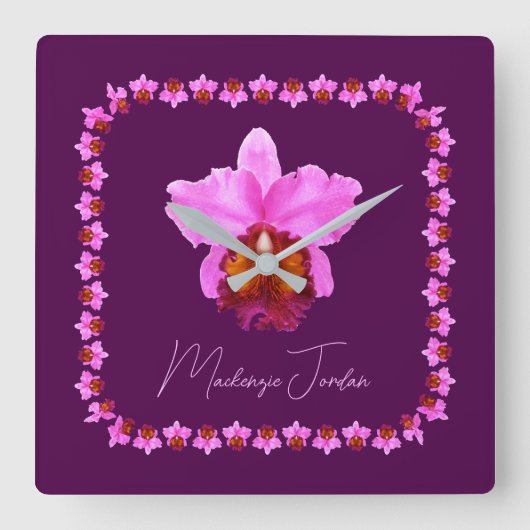 Personalisiert Cattleya Orchid Motif Quadratische Wanduhr (Vorderseite)
