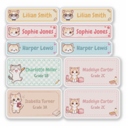 Personalisiert Chibi Kitten Name Labels (Vorderseite)