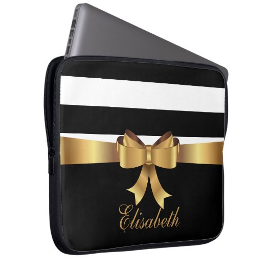 Personalisiert Chic Black Bold Stripes Gold BOW Laptopschutzhülle (Vorne Rechts)