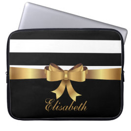Personalisiert Chic Black Bold Stripes Gold BOW Laptopschutzhülle