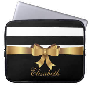 Personalisiert Chic Black Bold Stripes Gold BOW Laptopschutzhülle