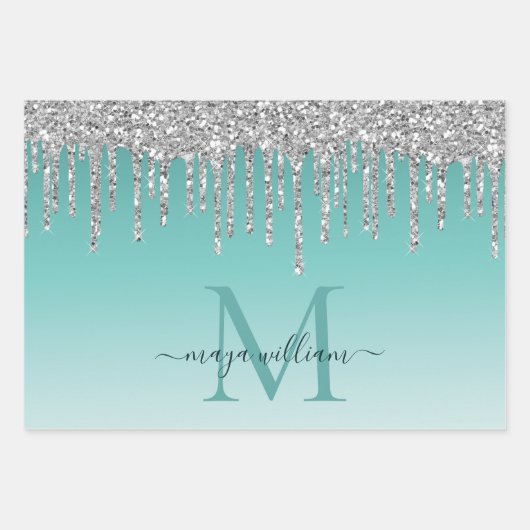 Personalisiert Chic Dusty Blue Glitzer Tropfens Gl Geschenkpapier Set (Vorderseite 3)