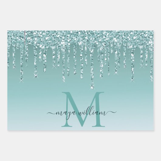 Personalisiert Chic Dusty Blue Glitzer Tropfens Gl Geschenkpapier Set (Vorderseite 2)