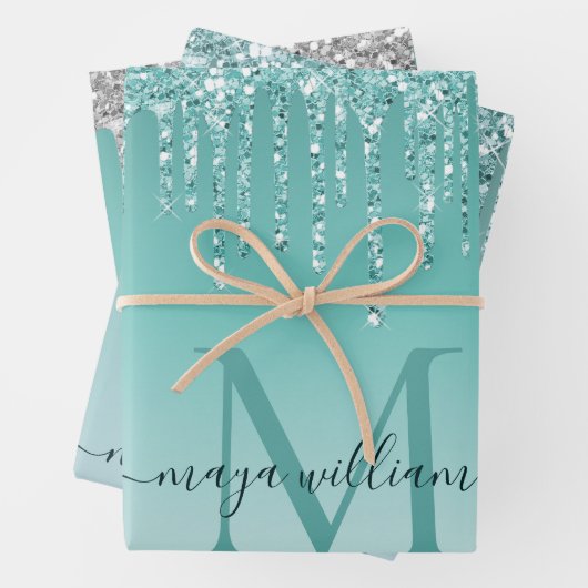 Personalisiert Chic Dusty Blue Glitzer Tropfens Gl Geschenkpapier Set (Beispiel)