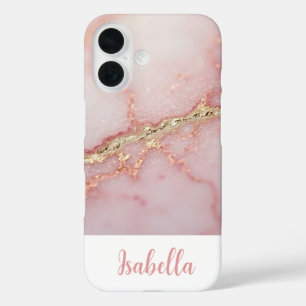 Personalisiert Chic Pink Marble Gold iPhone 16 Hülle