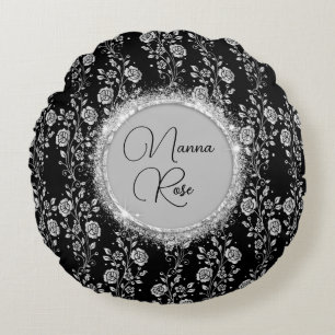 Personalisiert Chic Silver Floral Glitzer auf Blac Rundes Kissen