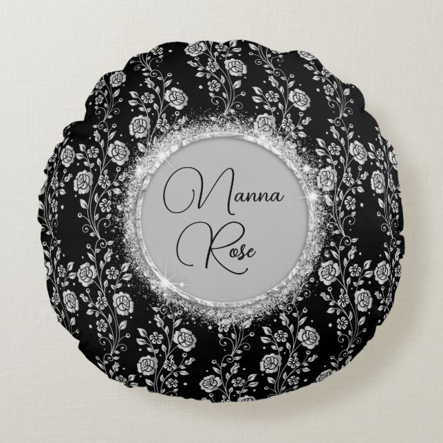 Personalisiert Chic Silver Floral Glitzer auf Blac Rundes Kissen (Vorderseite)