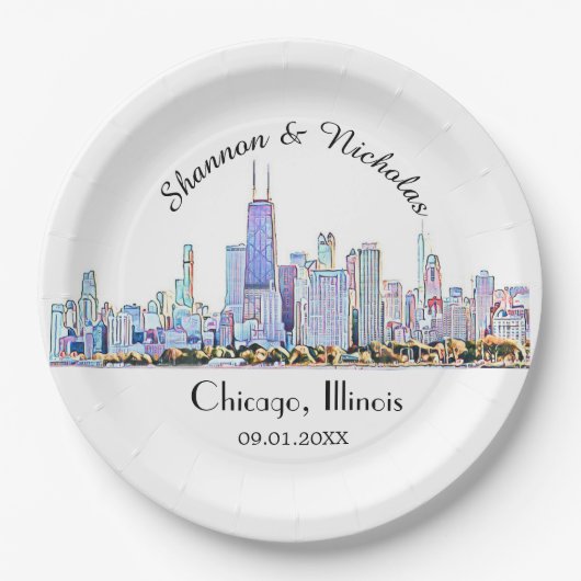 Personalisiert Chicago Skyline Wedding Pappteller (Vorderseite)