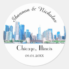 Personalisiert Chicago Skyline Wedding Runder Aufkleber