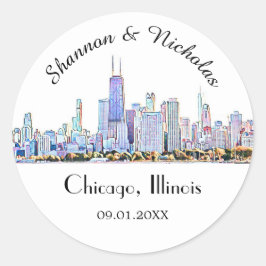 Personalisiert Chicago Skyline Wedding Runder Aufkleber