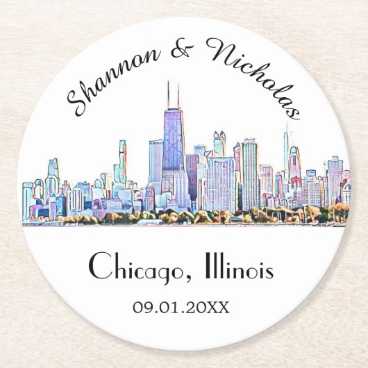 Personalisiert Chicago Skyline Wedding Runder Pappuntersetzer (Vorderseite)