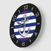 Personalisiert-Chrome Anchor Navy Blue Stripes Dia Große Wanduhr (Winkel)