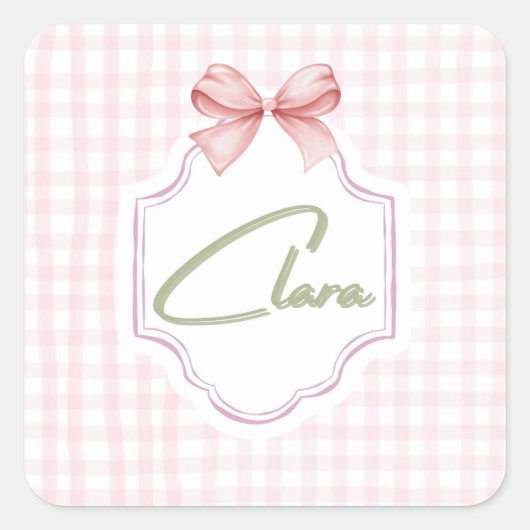 Personalisiert Clara Baby Girl Kinderzimmer Bow&Gi Quadratischer Aufkleber (Vorderseite)