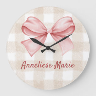 Personalisiert Coquette Bow und Beige Gingham Große Wanduhr