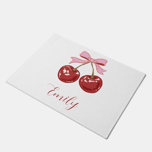 Personalisiert Coquette Cherry Bow Name Fußmatte (Schrägansicht)