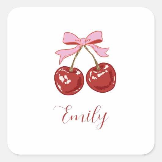 Personalisiert Coquette Cherry Bow Name Quadratischer Aufkleber (Vorderseite)