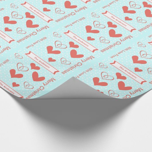 Personalisiert Coral Aqua Hearts Holiday Paper Geschenkpapier (Ecke)