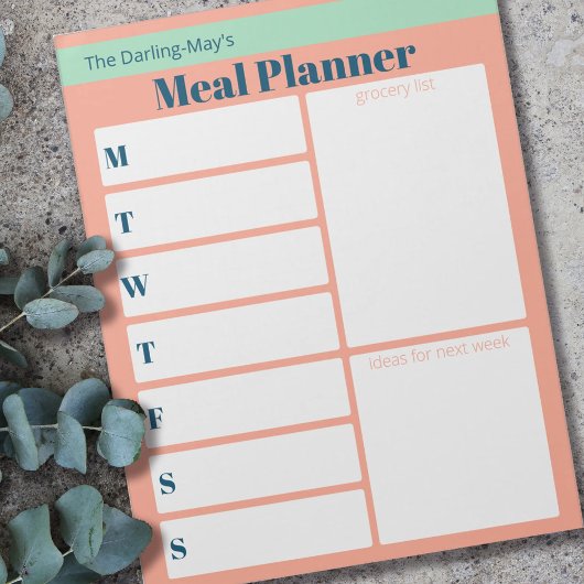 Personalisiert Coral Blue Meal Planner Lebensmitte Notizblock