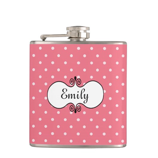 Personalisiert Coral Pink Polka Dot Flask Flachmann (Vorderseite)