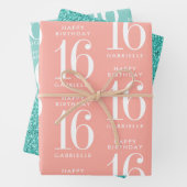Personalisiert Coral Pink Türkis Glitzer Sweet 16 Geschenkpapier Set (Beispiel)