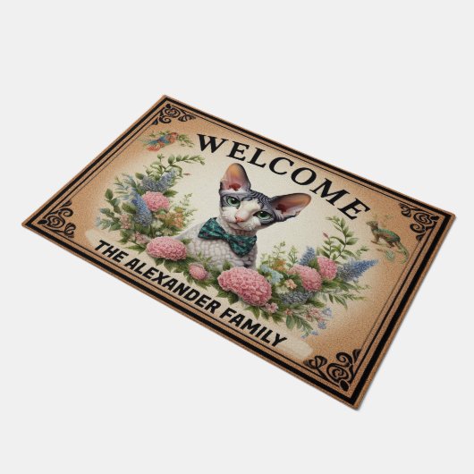 Personalisiert Cornish Rex Cat, floraler Chic Will Fußmatte (Schrägansicht)