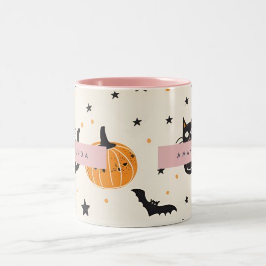 Personalisiert Cosy Fall Halloween Black Cat Pumpk Zweifarbige Tasse (Mittel)