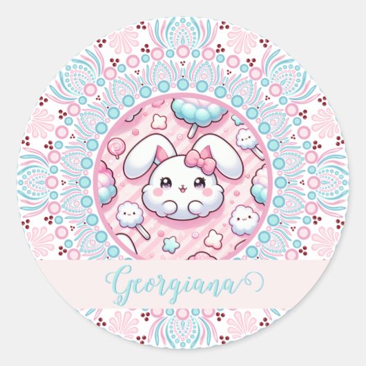 Personalisiert Cotton Candy Kawaii Bunny Dot Manda Runder Aufkleber (Vorderseite)