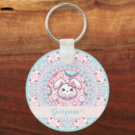 Personalisiert Cotton Candy Kawaii Bunny Dot Manda Schlüsselanhänger