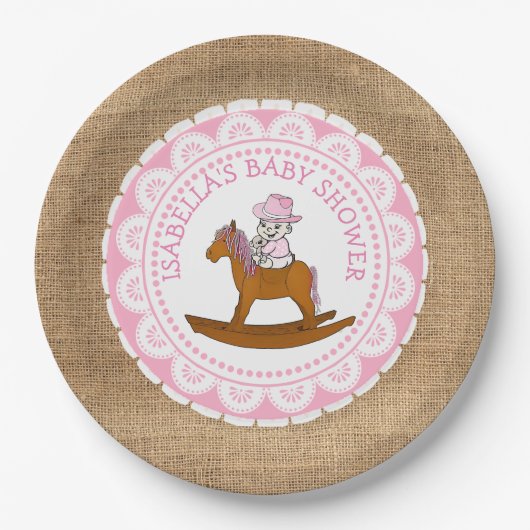 Personalisiert Cowgirl Babydusche Papier Teller (Vorderseite)