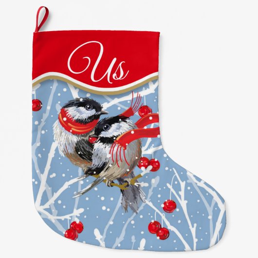 Personalisiert Cuddling Chickadees Couple Großer Weihnachtsstrumpf (Vorderseite)