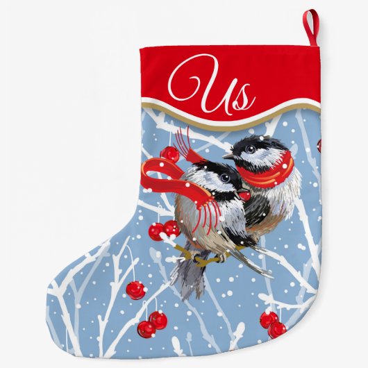 Personalisiert Cuddling Chickadees Couple Großer Weihnachtsstrumpf (Rückseite)