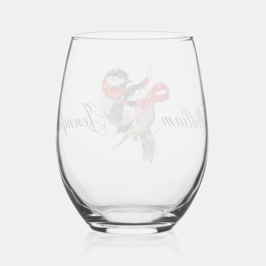 Personalisiert Cuddling Chickadees Weihnachten Weinglas Ohne Stiel (Rückseite)