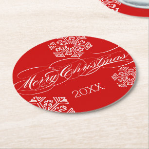 Personalisiert Dated Red Snowflake Frohe Weihnacht Runder Pappuntersetzer