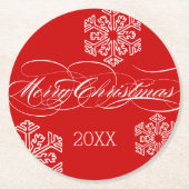 Personalisiert Dated Red Snowflake Frohe Weihnacht Runder Pappuntersetzer (Vorderseite)
