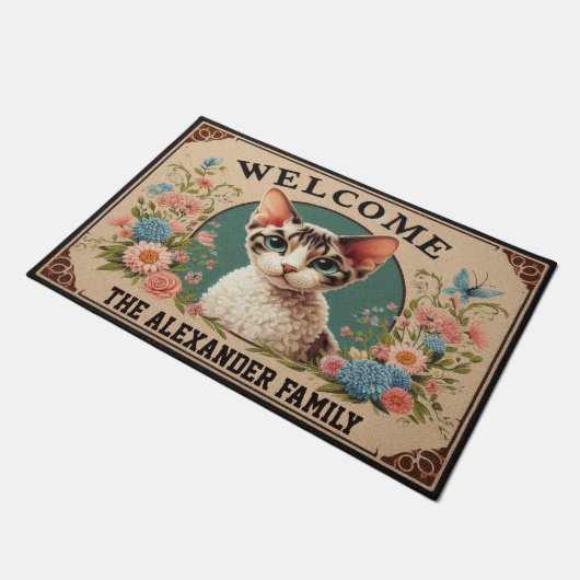 Personalisiert Devon Rex Cat Stilvolle Blumenwillk Fußmatte (Schrägansicht)