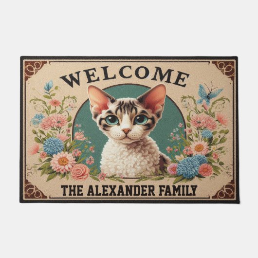 Personalisiert Devon Rex Cat Stilvolle Blumenwillk Fußmatte (Vorderseite)