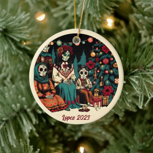 Personalisiert Día de los Muertos Weihnachtsfeiert Keramik Ornament (Baum)