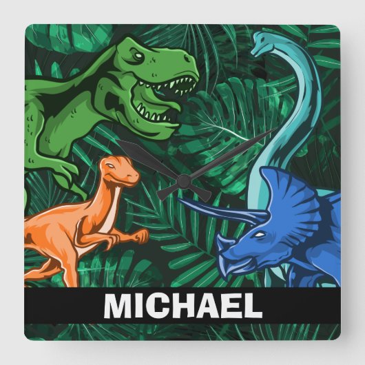 Personalisiert Dinosaur Kinder Dino Jurassic Trex Quadratische Wanduhr (Vorderseite)