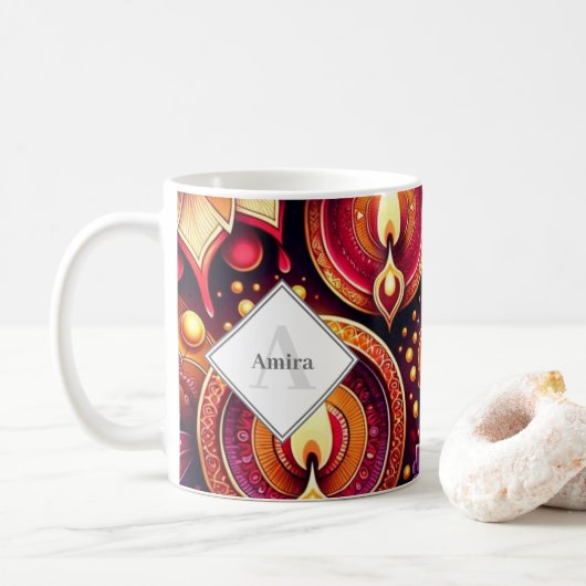 Personalisiert Diwali Lila und Red Diyas & Rangoli Kaffeetasse (Mit Donut)