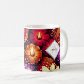 Personalisiert Diwali Lila und Red Diyas & Rangoli Kaffeetasse (VorderseiteRechts)