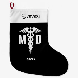 Personalisiert Doctor MD Caduceus Symbol Schwarz-w Großer Weihnachtsstrumpf