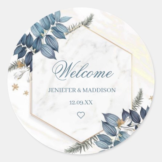 Personalisiert Dusty Blue Floral Wreath Wedding Runder Aufkleber (Vorderseite)