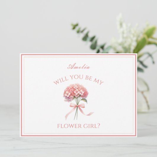 Personalisiert Dusty Rose Hydrangea Bow Flower Gir Karte (Stehend Vorderseite)